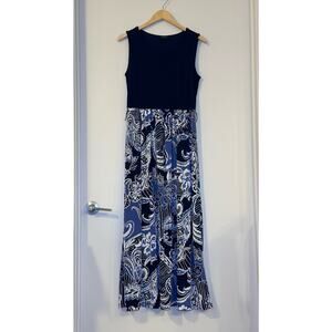 Ellen Weaver Women’s Size Medium Navy Blue & White Floral Maxi Dress NO BELT